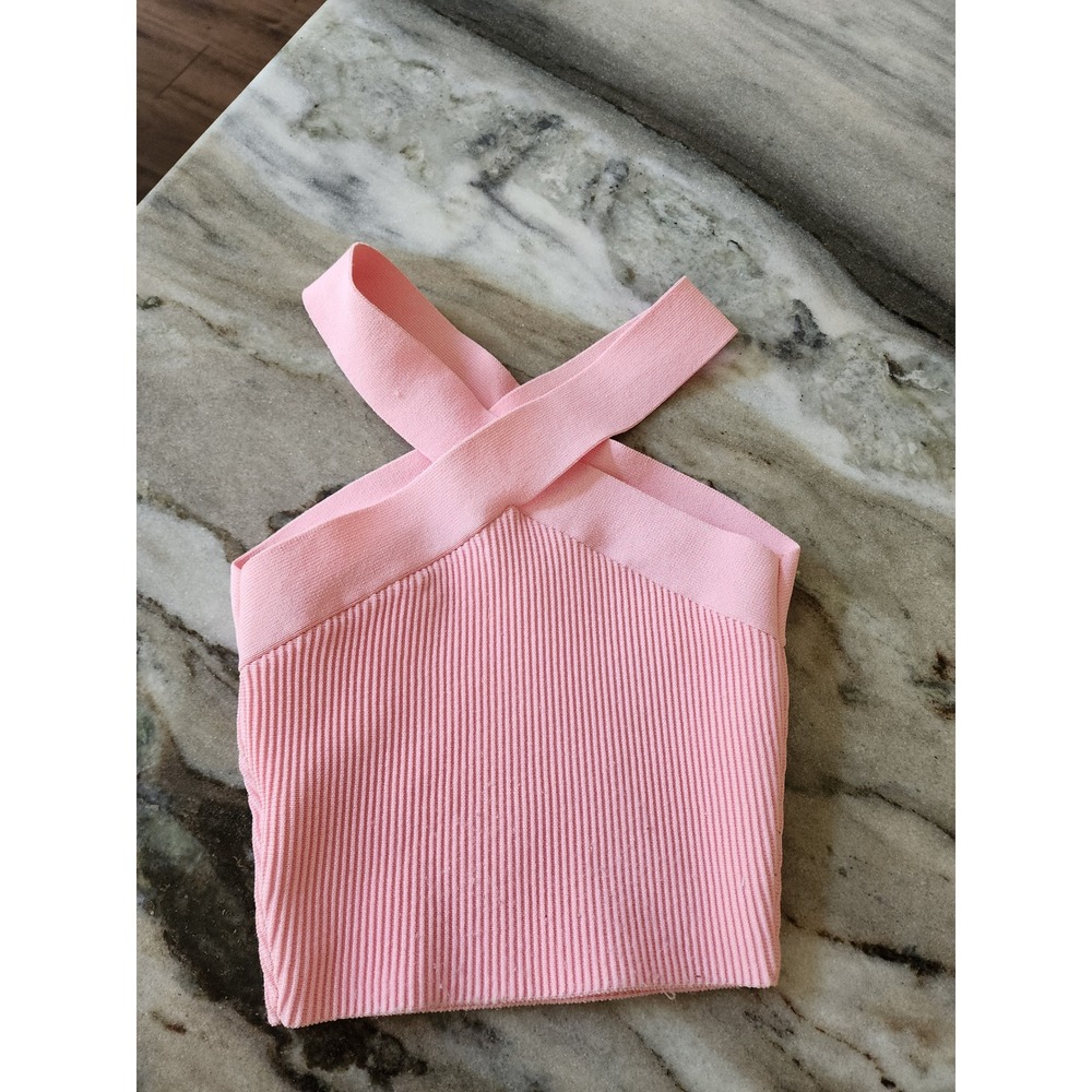 Aritzia Babaton Sculpt Knit Cross Front Halter Top Pink Ribbed Sleeveless XS - Picture 5 of 7
